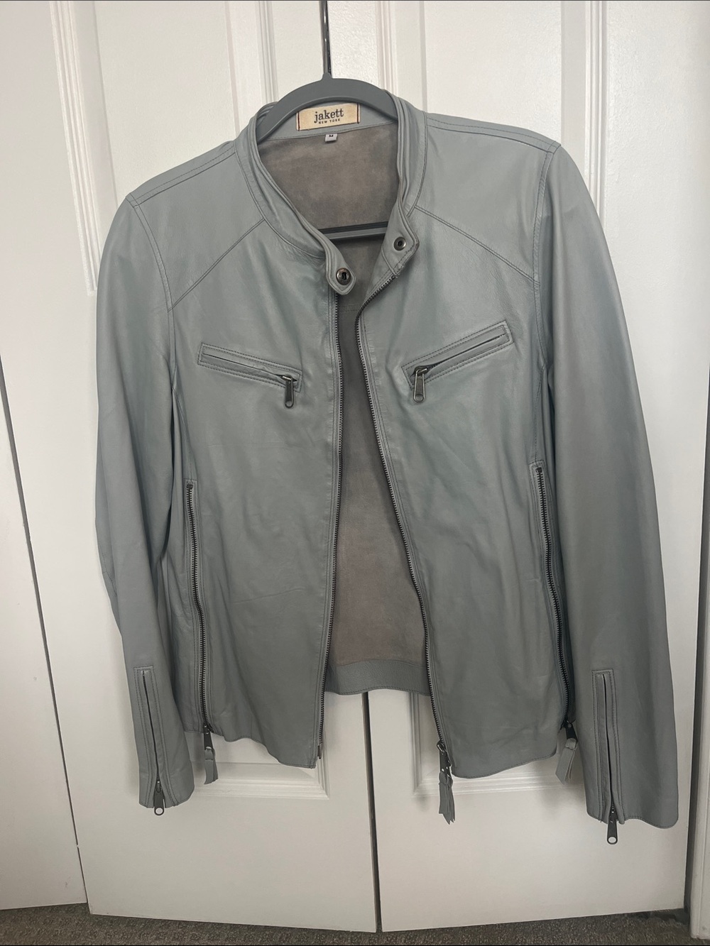 Women's Light Gray Leather Motorcycle Jacket